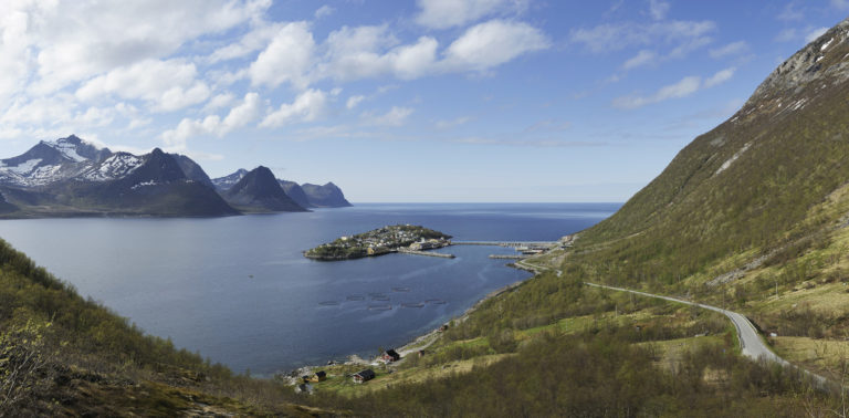 En liten vei slynger seg ut til Husøy. Her ute er noen av husene bardunert for å stå imot stormkastene © Jarle Wæhler/Statens vegvesen