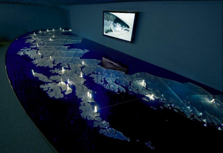 An exhibit showing fish farm locations along the Northern Norwegian coastline © Alvin Jensvold/Akvakultur i Vesterålen