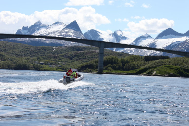 Heading under the Salstraumen bridge with the Børvasstindan peaks in the background © Roger Johansen
