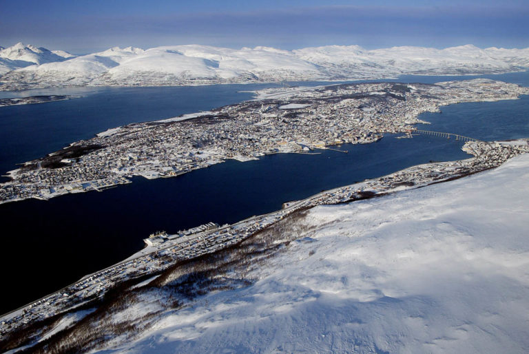 Tromsøya, the Tromsø Island, is where downtown is found. It is surrounded by loads of ski mountains © Yngve Olsen Sæbbe