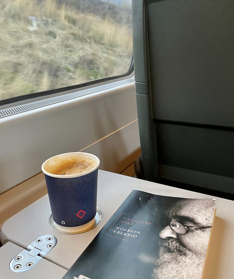 Coffee and poetry as the landscape passes the Nordland Reailway. Photo: Kathrine Sørgård / nordnorge.dev09.dekodes.no