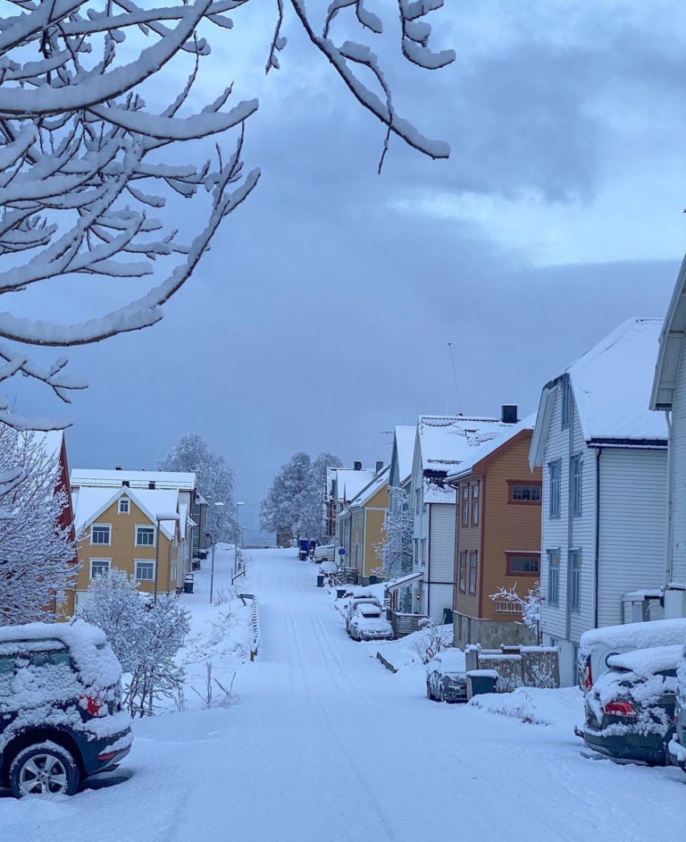 The street Fogd Drejers gate a night in May. A thin layer of snow in early May is nothing new, but this a lot to be this late © Knut Hansvold