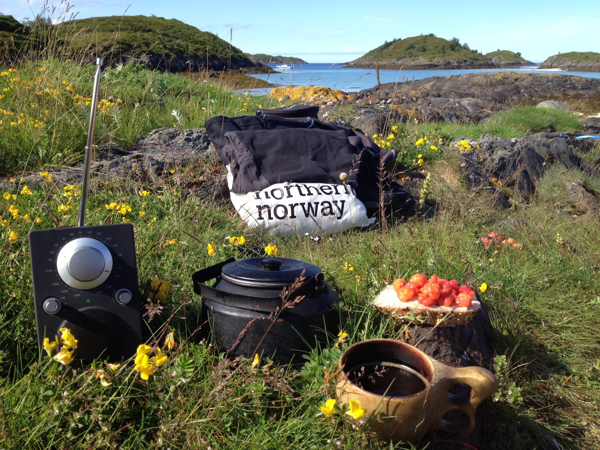 The travel radio, campfire coffee and freshly picked cloud berries in the Bodø archipelago. Photo: Roger Johansen / nordnorge.dev09.dekodes.no