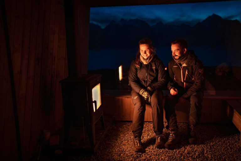 Keeping warm in the shelter at Dalberget, in the mountains above Djupvik village in Kåfjord