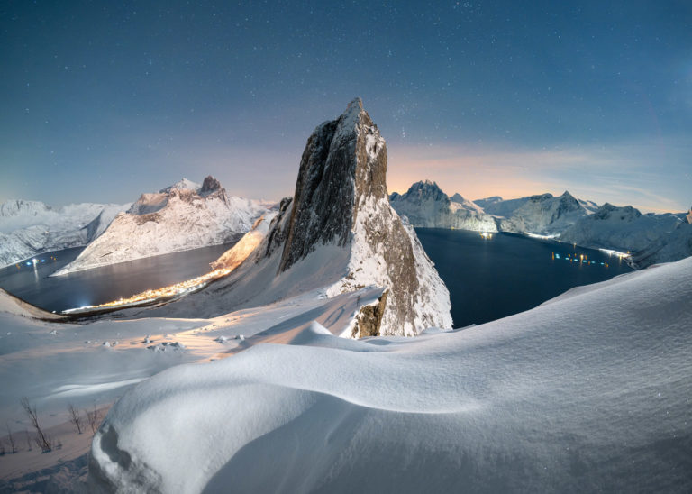 Mount Segla with fjords and winter mountains on Senja's ocean side coast © Kristoffer Vangen
