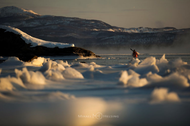 Winter light in Tranøybotn, Senja, with ice floats along the shore © Mikael Helsing / Norwegian Wild