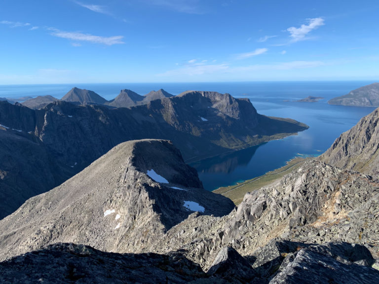 Along the Ersfjordtraversen - The Ersfjord Traverse; View of the Grøtfjord in the norht, the island of Vengsøy on the upper right and the Atlantic in the far left © Kristin Harila