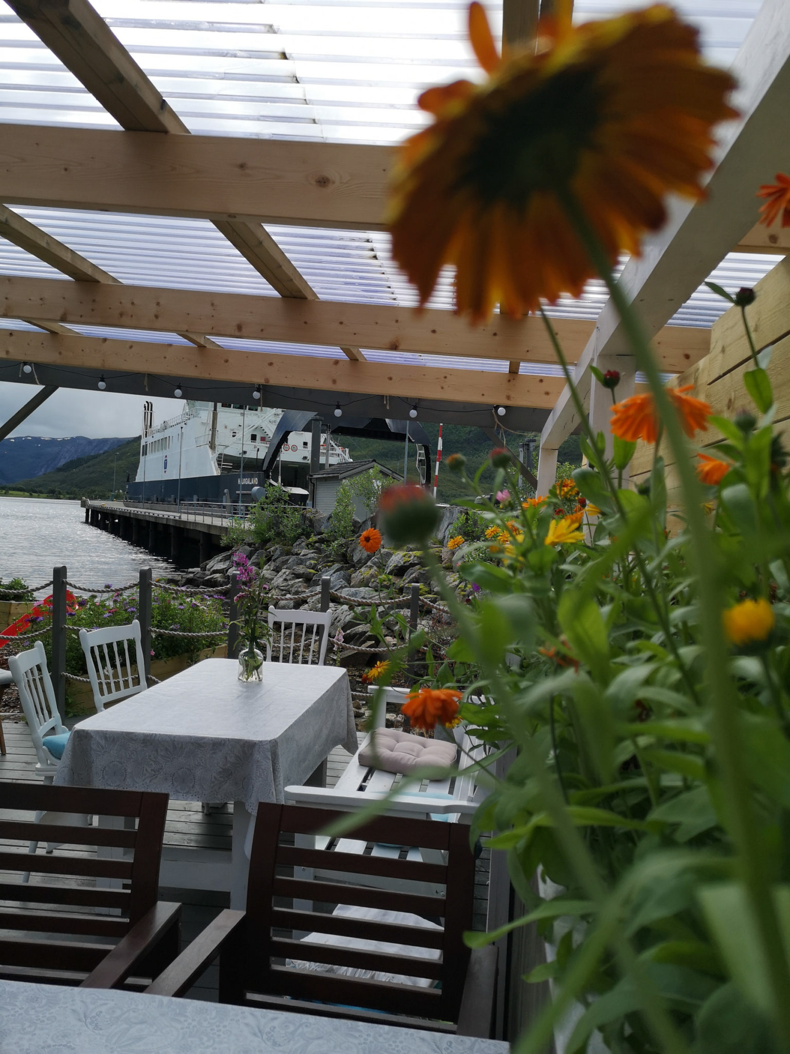 Even on a grey summer's day, Refsnes Matglede is in full bloom. Have your coffee here before heading to new adventures in Vesterålen and Lofoten © Refsnes Matglede