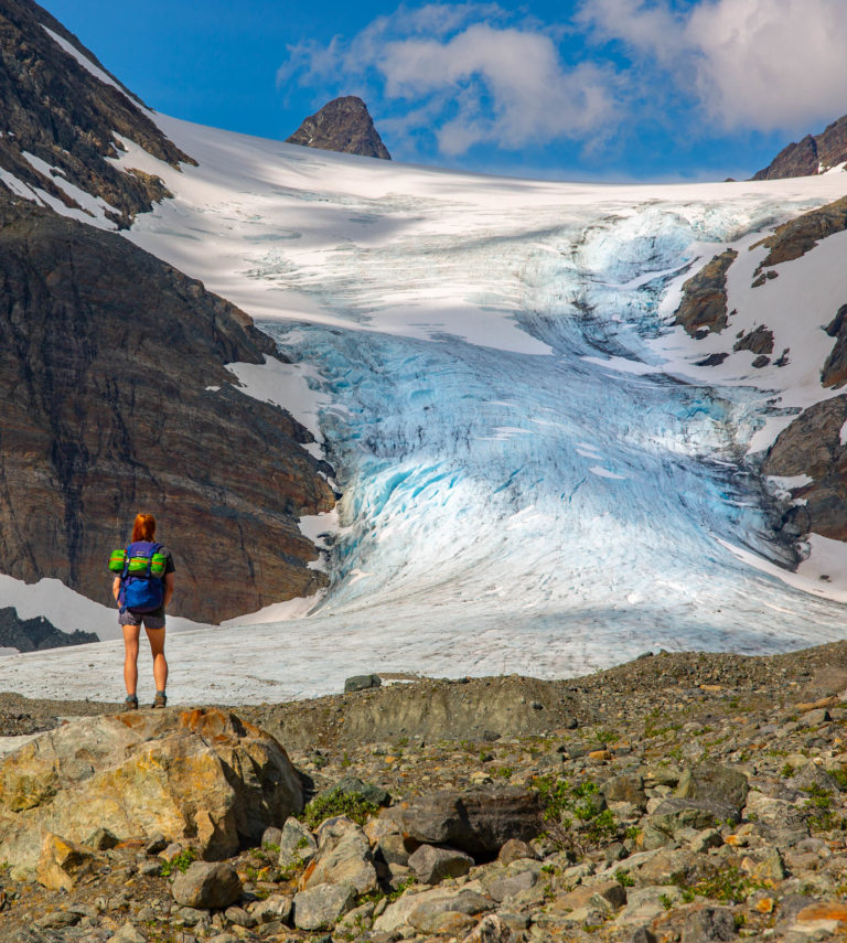 The blue Steindalsbreen glacier dipping into the lake at about 500 metres/1600 ft altitude at Steindalen in Storfjord (Lyngen Alps) © William Copeland