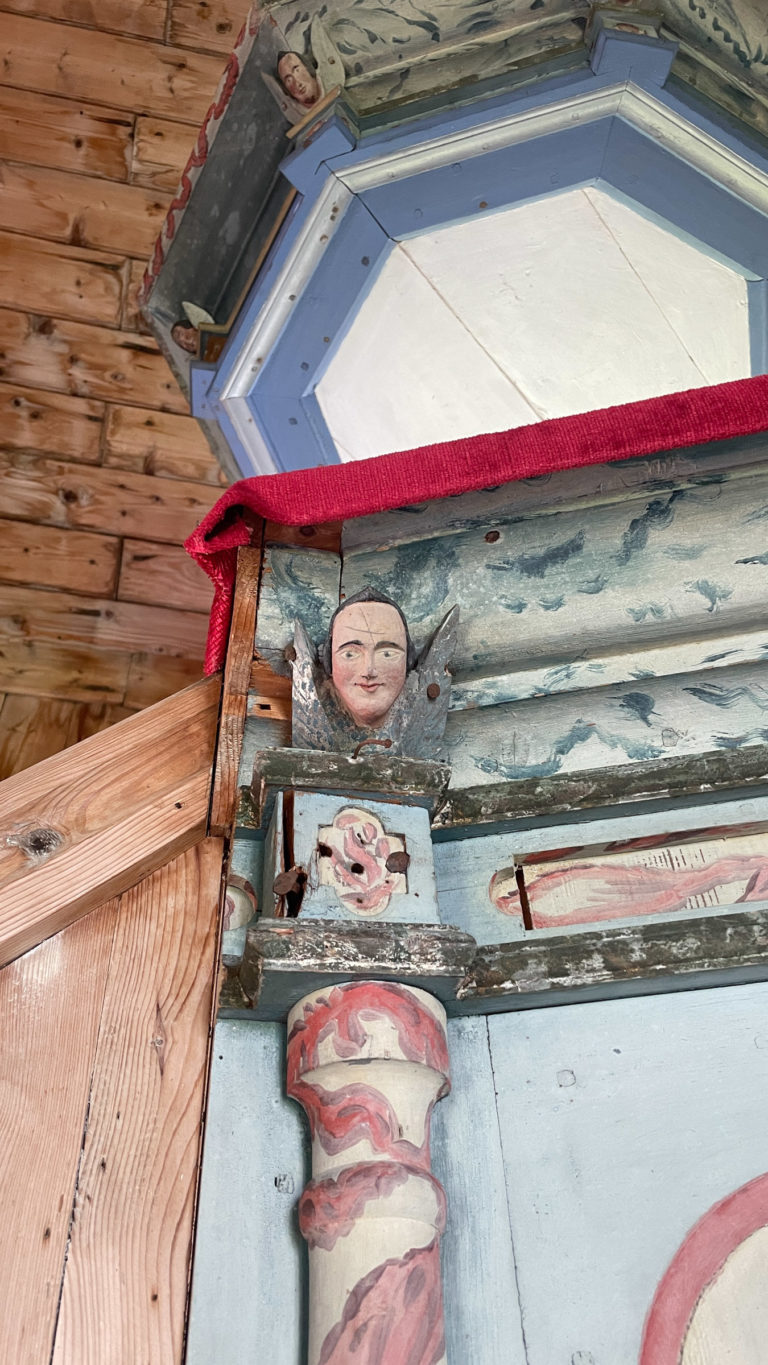 Detiail from the pulpit of the church of Tranøy, Senja. The interior of the church borders on the amateurish